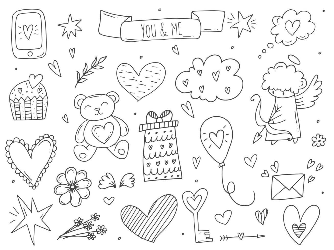 Big set of cute handdrawn doodle elements about love. Message stickers