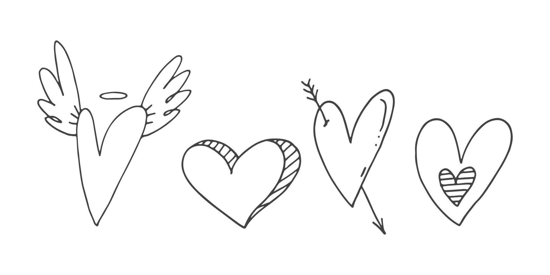 Big set of cute hand-drawn doodle elements about love. Message stickers for apps. Icons for Valentines Day, romantic events and wedding. Hearts with stripes, texture, with wings and Cupids arrows. vector