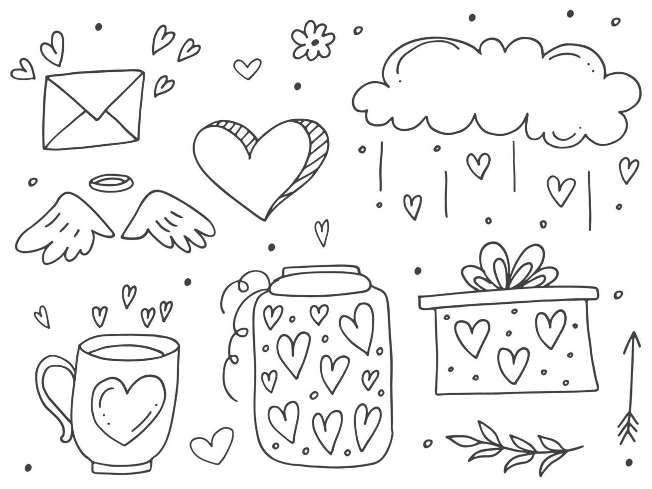 gran conjunto de lindos elementos de garabatos dibujados a mano sobre el amor. pegatinas de mensajes para aplicaciones. íconos para el día de san valentín, eventos románticos y bodas. vector