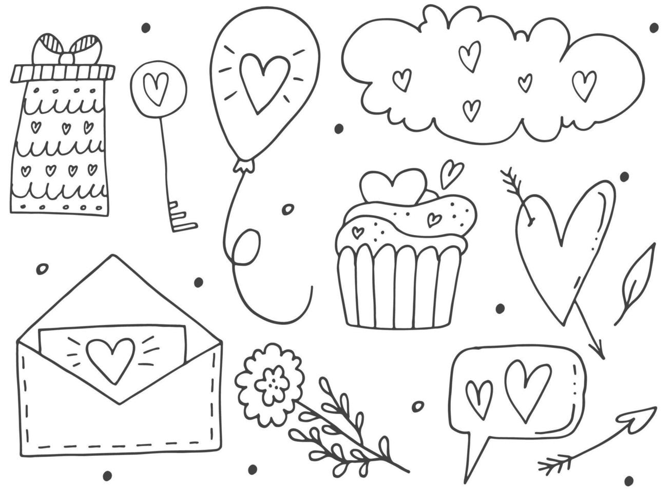 Big set of cute hand-drawn doodle elements about love. Message stickers for apps. Icons for Valentines Day, romantic events and wedding. vector