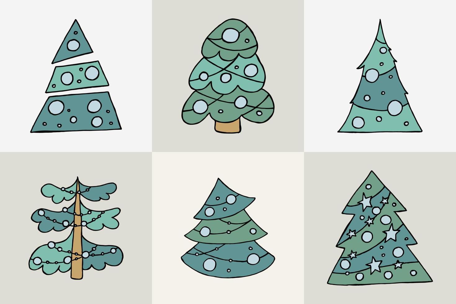 un árbol de navidad dibujado a mano. ilustración vectorial en estilo garabato. estado de ánimo de invierno. hola 2023. feliz navidad y próspero año nuevo. árboles verdes con juguetes azules sobre un fondo gris. vector
