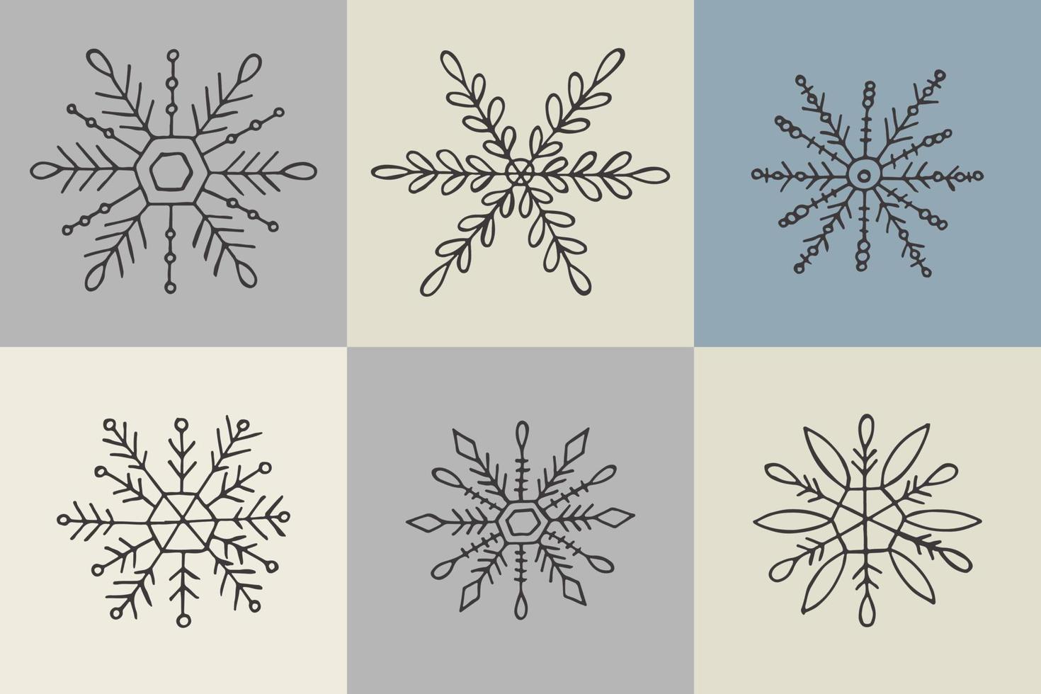 A set of hand-drawn snowflakes. Vector illustration in doodle style. Winter mood. Hello 2023. Merry Christmas and Happy New Year. Gray elements on a gray background.