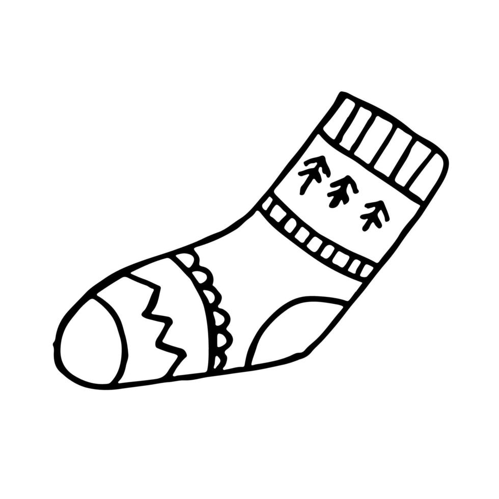 A hand-drawn winter clothing. Vector illustration in doodle style. Winter mood. Hello 2023. Merry Christmas and Happy New Year. Black sock with ornament on a white background.