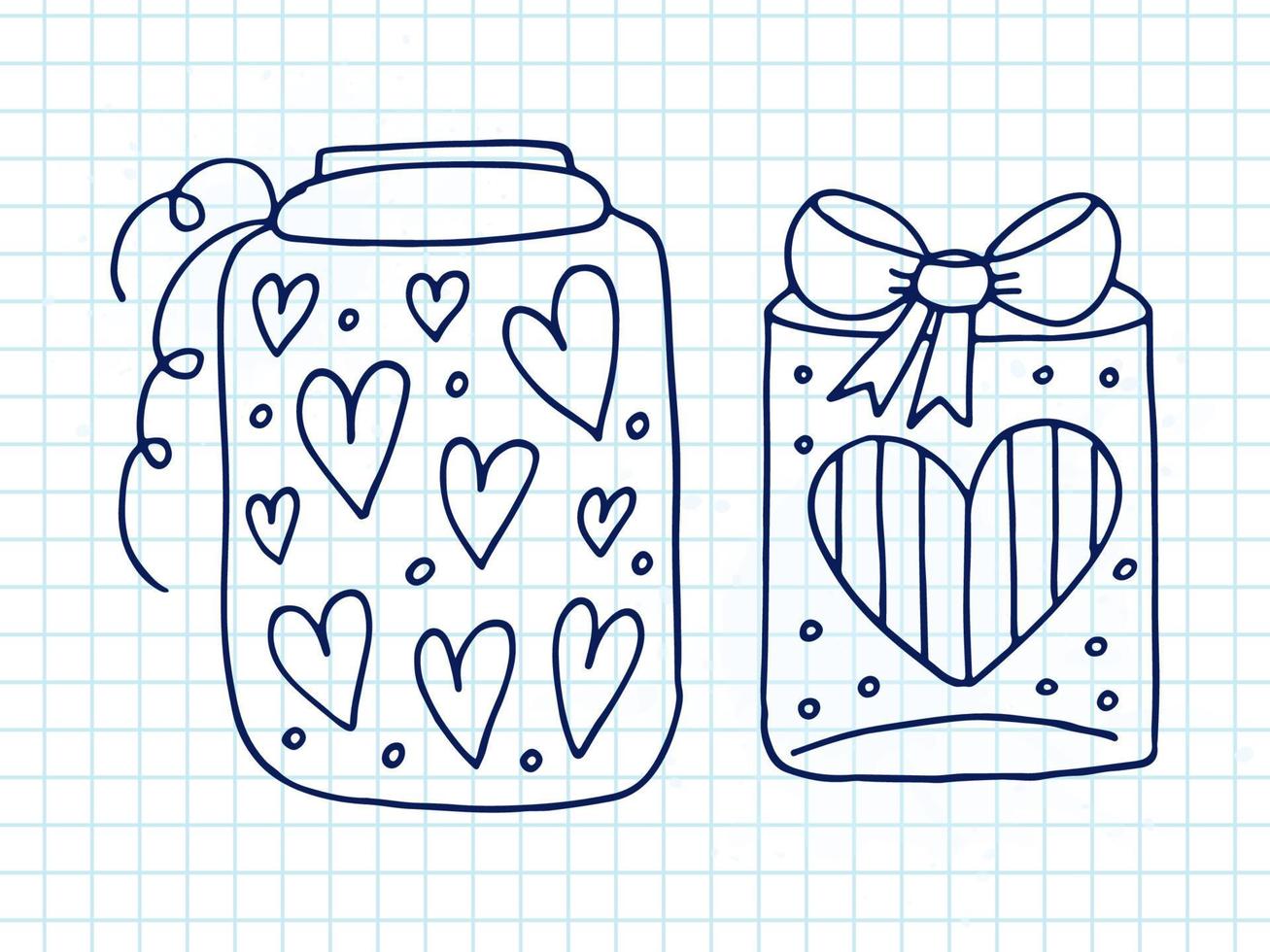 Set of cute hand-drawn doodle elements about love. Message stickers for apps. Icons for Valentines Day, romantic events and wedding. A checkered notebook. Jars with hearts and love potion. vector