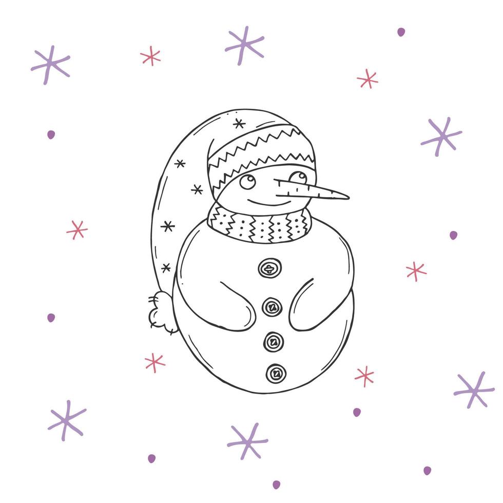 Cute snowman with purple and pink snowflakes on a white background. Vector illustration in doodle style. Winter mood. Hello 2023. Merry Christmas and Happy New Year.