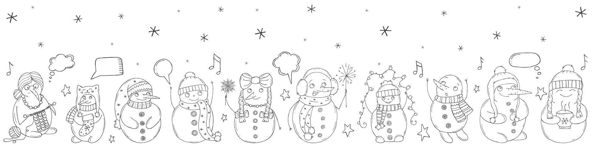 Set of cute snowmen. Vector illustration in doodle style on a white background. Winter mood. Hello 2023. Merry Christmas and Happy New Year.