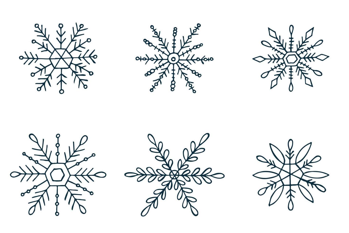 A set of hand-drawn snowflakes. Vector illustration in doodle style. Winter mood. Hello 2023. Merry Christmas and Happy New Year. Dark blue elements on a white background.