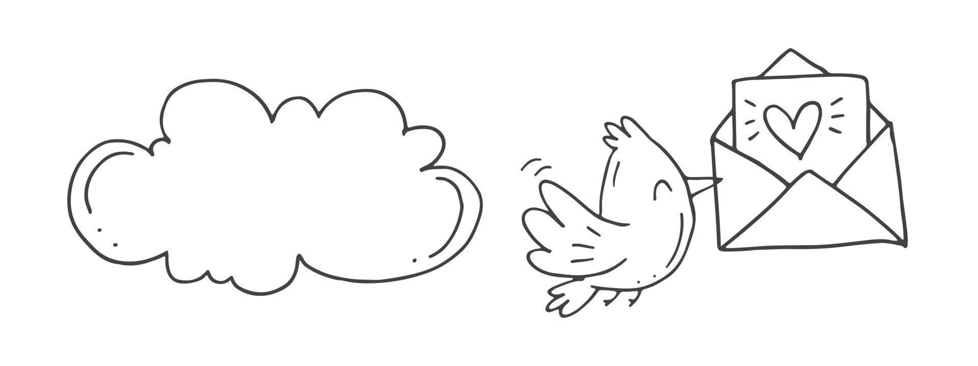 Set of cute hand-drawn doodle elements about love. Message stickers for apps. Icons for Valentines Day, romantic events and wedding. A bird with an envelope and a heart and a love letter with cloud. vector