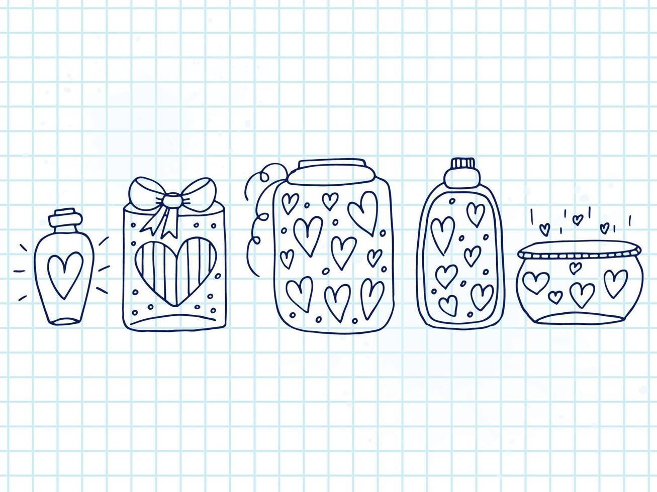 Set of cute hand-drawn doodle elements about love. Message stickers for apps. Icons for Valentines Day, romantic events and wedding. A checkered notebook. Jars with hearts and love potion. vector