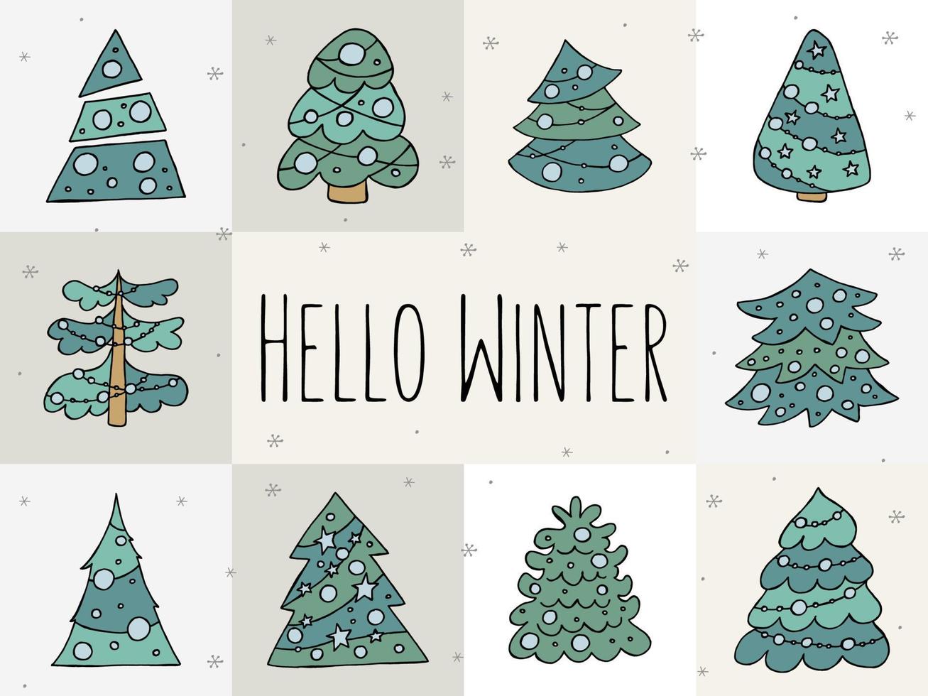 A hand-drawn christmas tree. Vector illustration in doodle style. Winter mood. Hello 2023. Merry Christmas and Happy New Year. Green trees with a blue toys on a gray background.