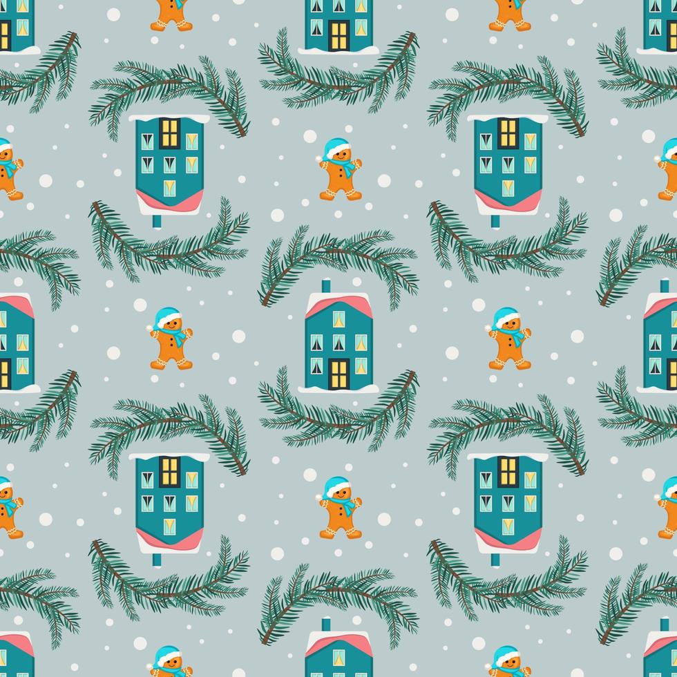 Seamless pattern with festive Christmas houses, gingerbread men, tree branches and snowflakes on blue background. Bright print for New Year and winter holidays for wrapping paper, textiles and design. vector
