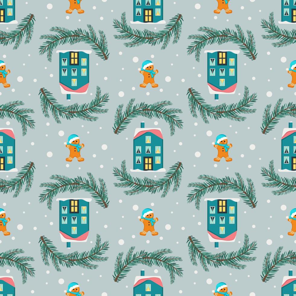 Seamless pattern with festive Christmas houses, gingerbread men, tree branches and snowflakes on blue background. Bright print for New Year and winter holidays for wrapping paper, textiles and design. vector