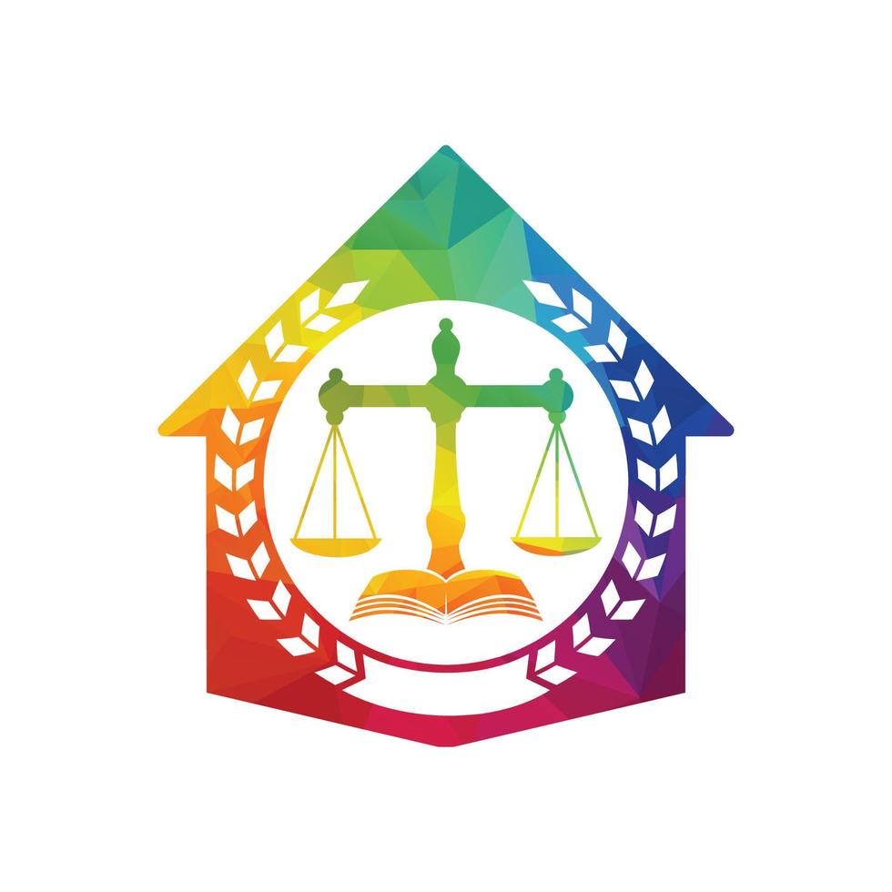 vector del logotipo de la casa de la ley con equilibrio judicial simbólico de la escala de justicia en el libro. equilibrio doméstico con diseño de plantilla de vector de libro.