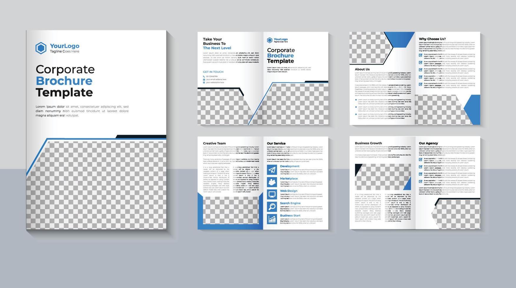 diseño de folleto comercial de 8 páginas, plantilla de folleto de perfil de empresa, color azul, vector profesional