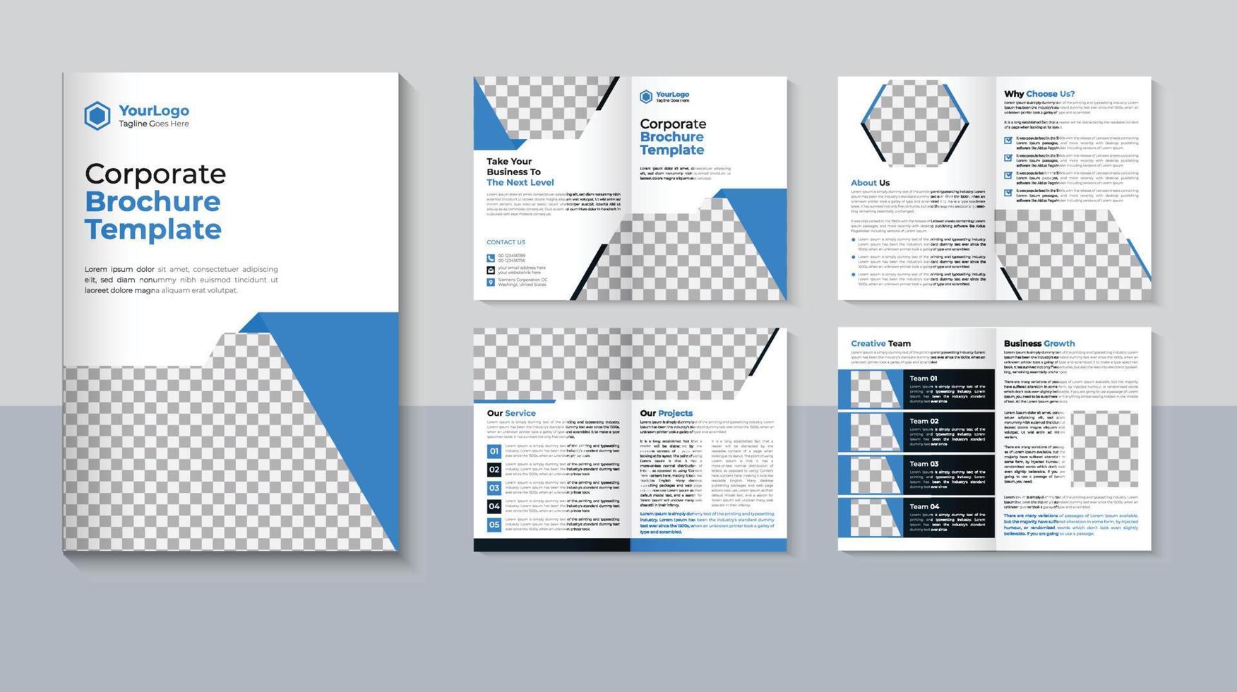 diseño de folleto corporativo de 8 páginas, plantilla de folleto de perfil empresarial, color azul, vector profesional