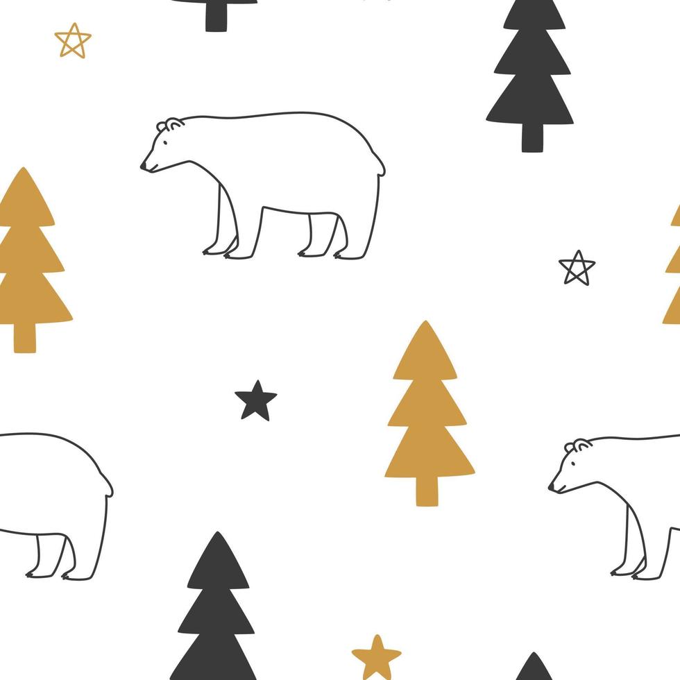 Seamless pattern with trees, bears and stars. Repeating background for Christmas design, packaging, prints, textile and decor. Vector illustration in Scandinavian style.