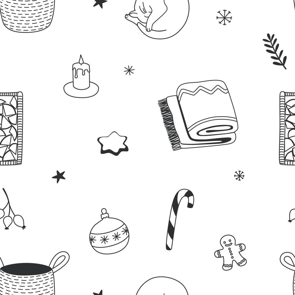 Seamless Christmas pattern in doodle style. Repeating background for Christmas design, sweets, berries, spruce twigs, interior items and more. Black and white hand-drawn illustration, vector. vector