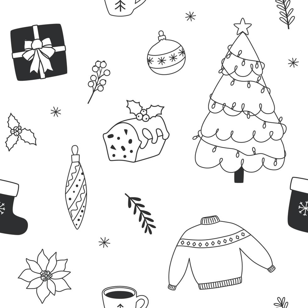 patrón de navidad sin costuras en estilo garabato. fondo repetitivo para diseño navideño, árbol de navidad, bayas, regalos, copos de nieve y otros. ilustración dibujada a mano en blanco y negro, vector. vector