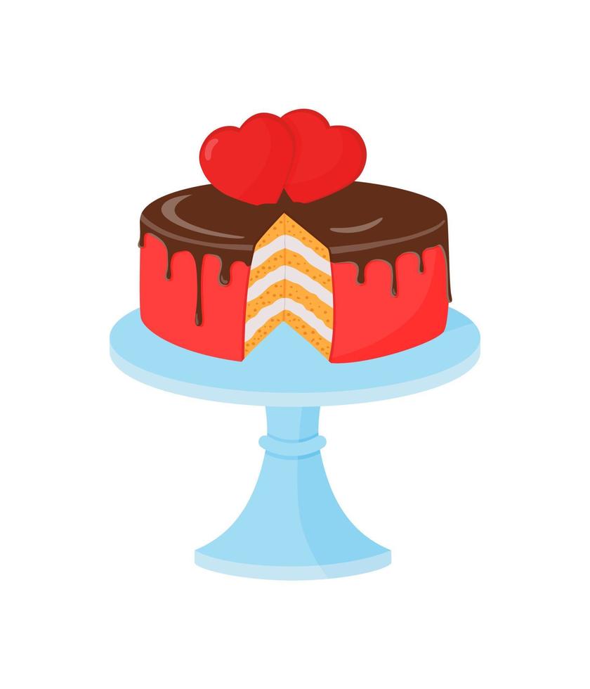 The cut cake on the stand is decorated with chocolate icing and hearts. Element for creating design for Valentine's day. vector