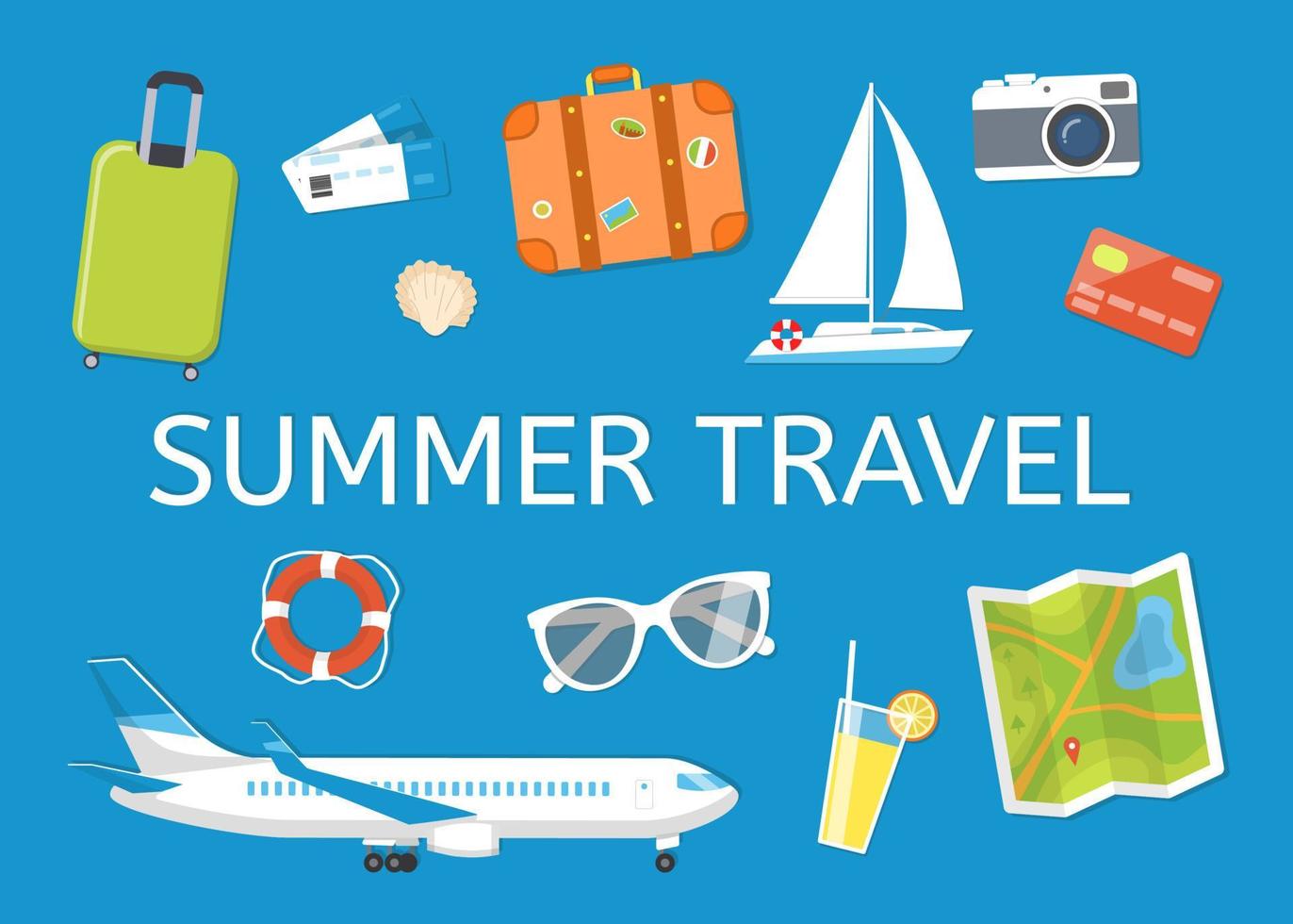 Banner on the theme of travel and leisure luggage, tickets, plane, yacht, sunglasses, camera, lifeline, seashell. Vector illustration flat style. Objects on a blue background, view from the top.