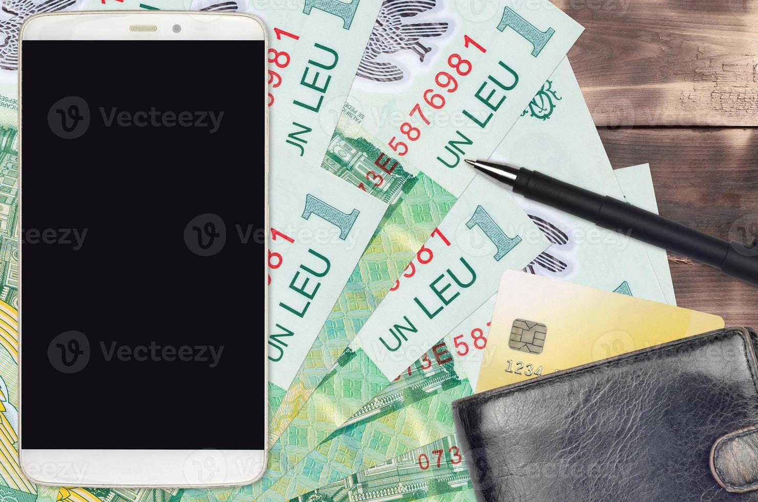 1 Romanian leu bills and smartphone with purse and credit card. E-payments or e-commerce concept. Online shopping and business with portable devices photo