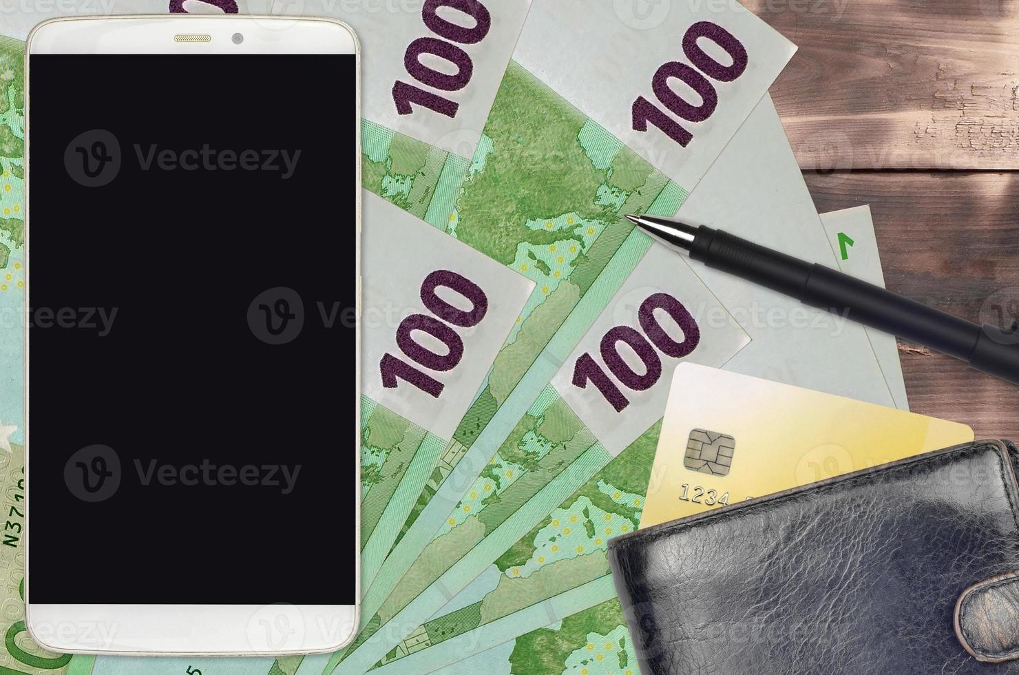 100 Euro bills and smartphone with purse and credit card. E-payments or e-commerce concept. Online shopping and business with portable devices photo