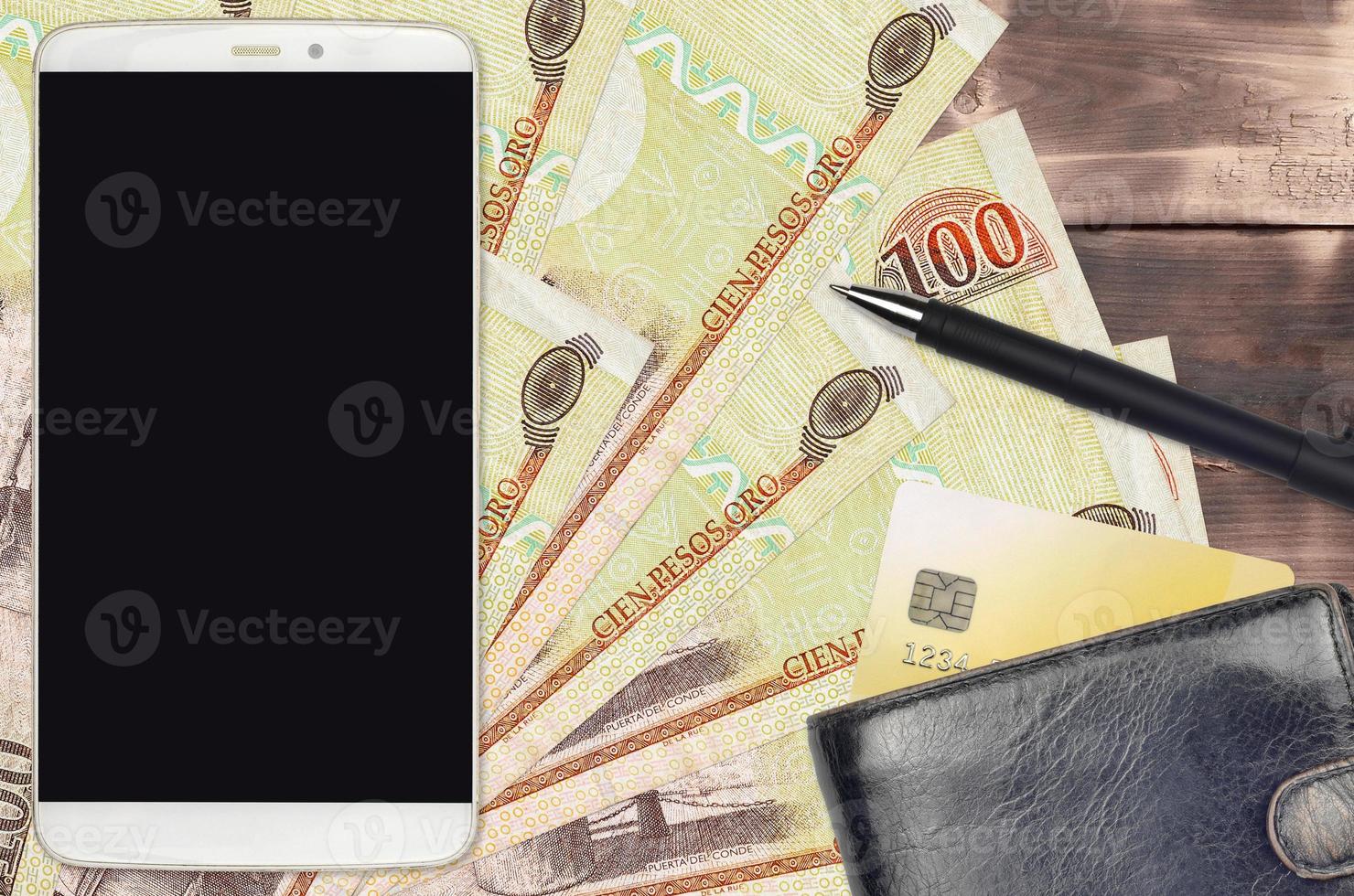 100 Dominican peso bills and smartphone with purse and credit card. E-payments or e-commerce concept. Online shopping and business with portable devices photo