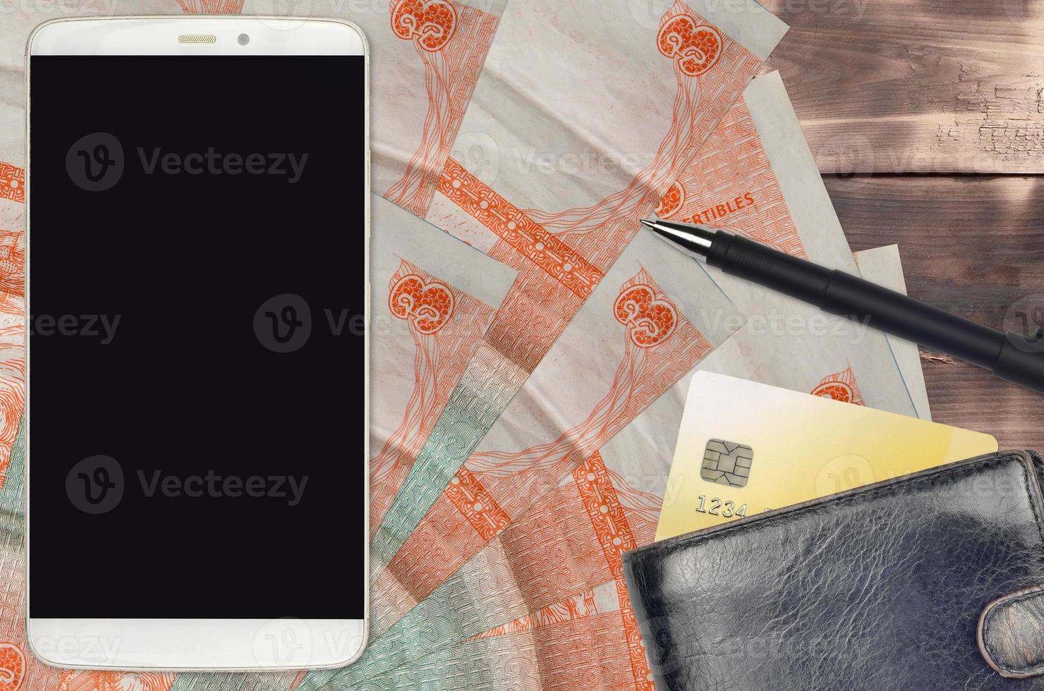 3 cuban pesos convertibles bills and smartphone with purse and credit card. E-payments or e-commerce concept. Online shopping and business with portable devices photo