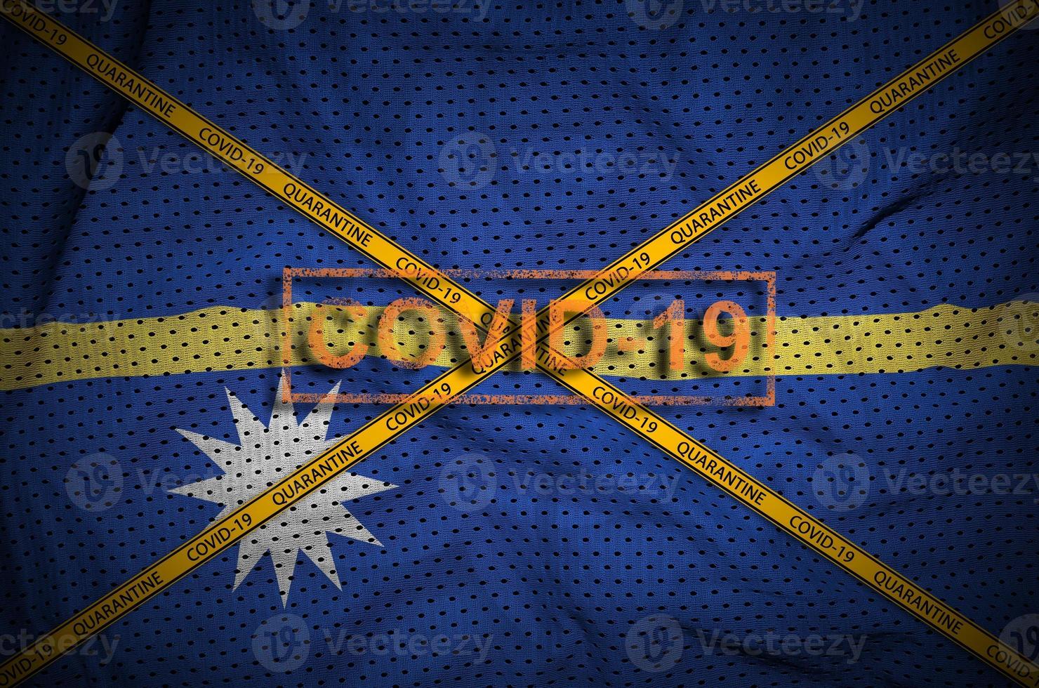 Nauru flag and Covid-19 stamp with orange quarantine border tape cross. Coronavirus or 2019-nCov virus concept photo