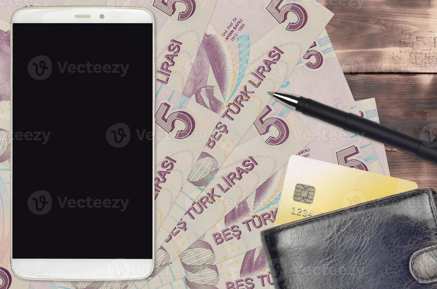 5 Turkish lira bills and smartphone with purse and credit card. E-payments or e-commerce concept. Online shopping and business with portable devices photo