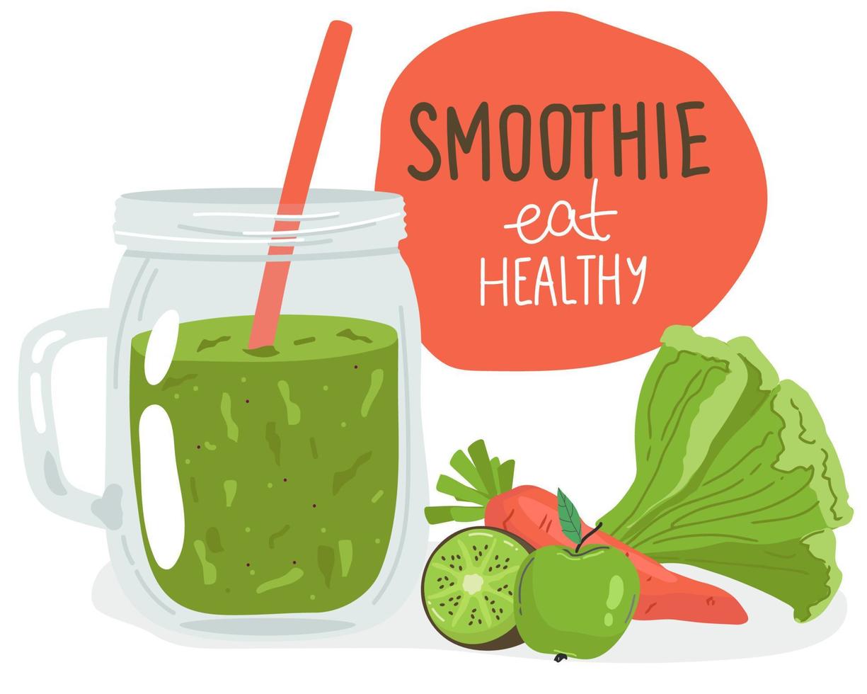 Template with hand drawn jar with smoothie in bright colors. Colorful Set of smoothies. Superfoods and health or detox diet food concept in hand drawing style. vector