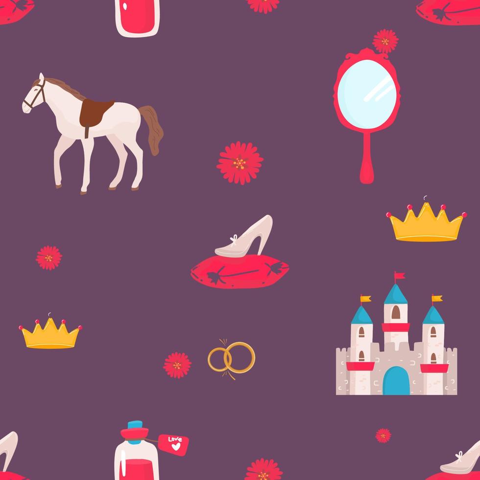 pequeña princesa de patrones sin fisuras. colores rosa brillante, gris, crema. ilustración de coronas y corazoncitos. castillo para princesa cuento de hadas, caballo, espejo vector