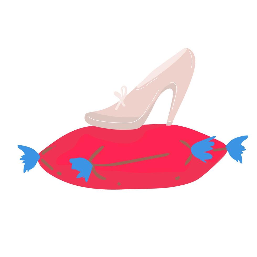 flat design stars princess girls, fashion beauty legend vector. beautiful elegance Crystal glass slipper with diamonds or Ice clear clean shoe of cinderella on red pillow or cushion vector
