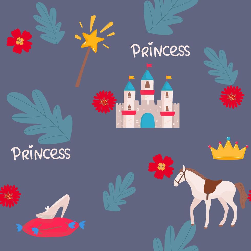 Little princess seamless pattern. Bright pink, gray, cream colors. Illustration of crowns and little hearts vector