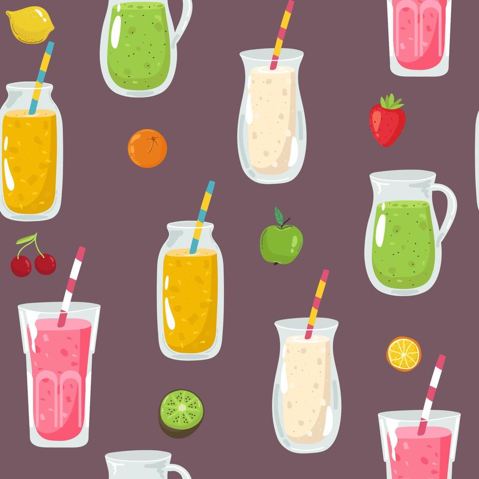 Hand drawn vector abstract summer time organic fresh fruits seamless pattern with cocktail in glass bottle jar,watermelon,lemon slice and mint leaves in rose pink colors isolated on white background