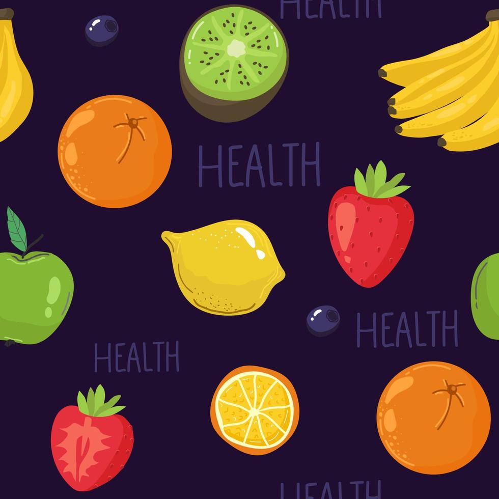 fondo transparente con varias frutas tropicales en blanco. limón, fresa, kiwi, plátano, naranja, patrón de fruta vectorial de manzana. vector