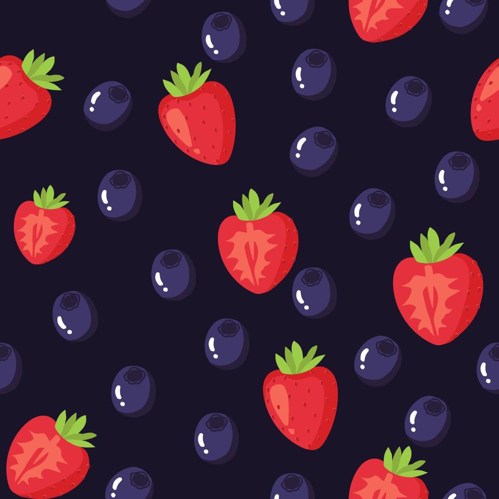 Seamless pattern with kawaii fruits. Cheerful design for kids clothes with cute strawberry characters and sliced strawberry on background vector