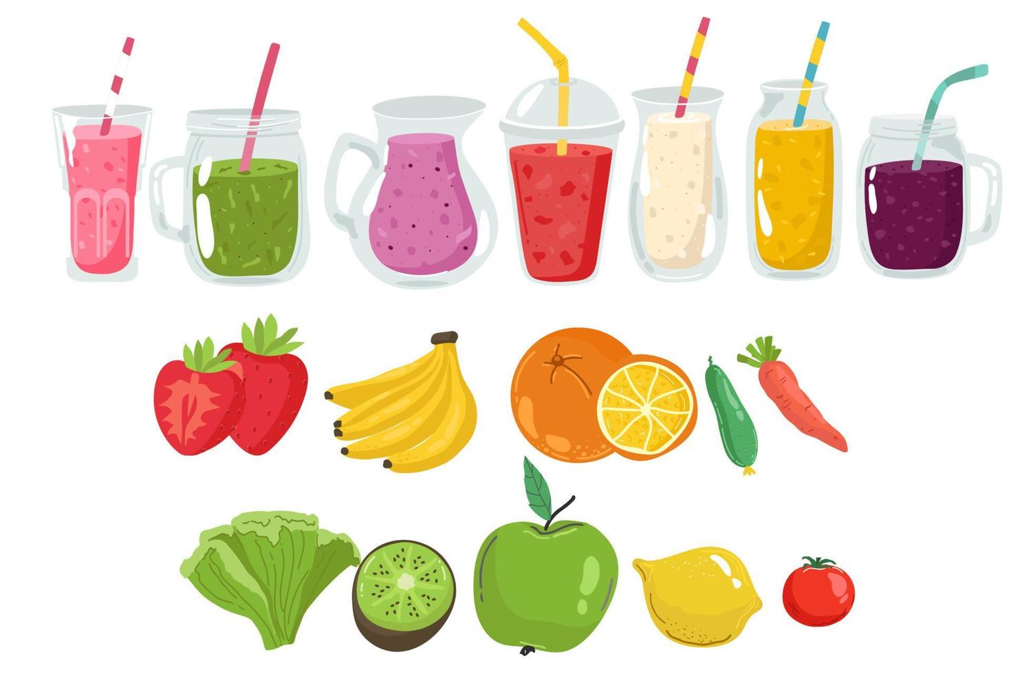 Drinks with fresh fruits, smoothie berries.Juices with pieces strawberry,blueberry and mango.Healthy detox. Set cold jars with tasty smoothies for hot season.Bright template for design. Vector