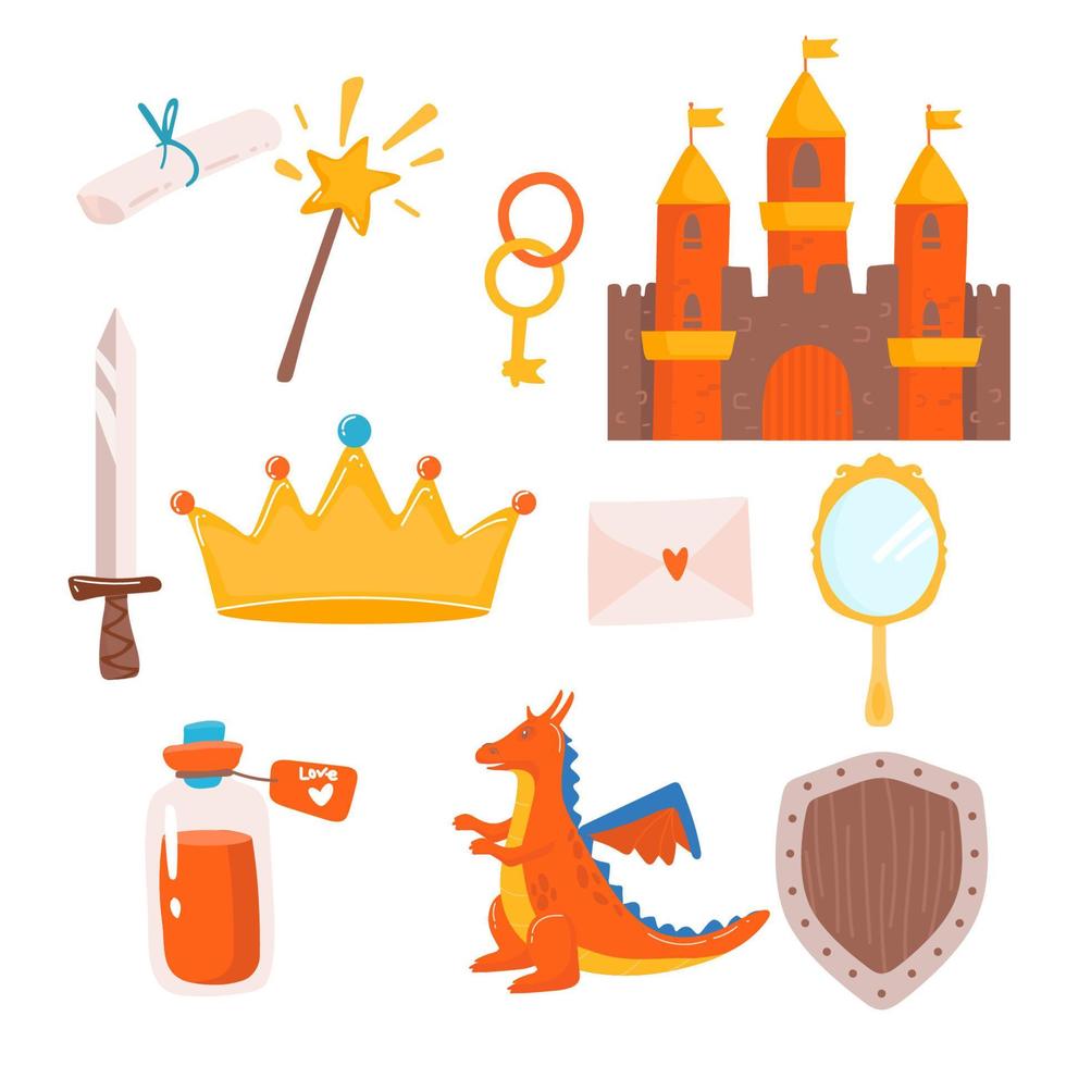 Hand drawn set of fairy tale magic princess elements lock, crown dragon, key, potion sword, mirror, horse, magic wand. Cut isolated vector illustration for girl themes