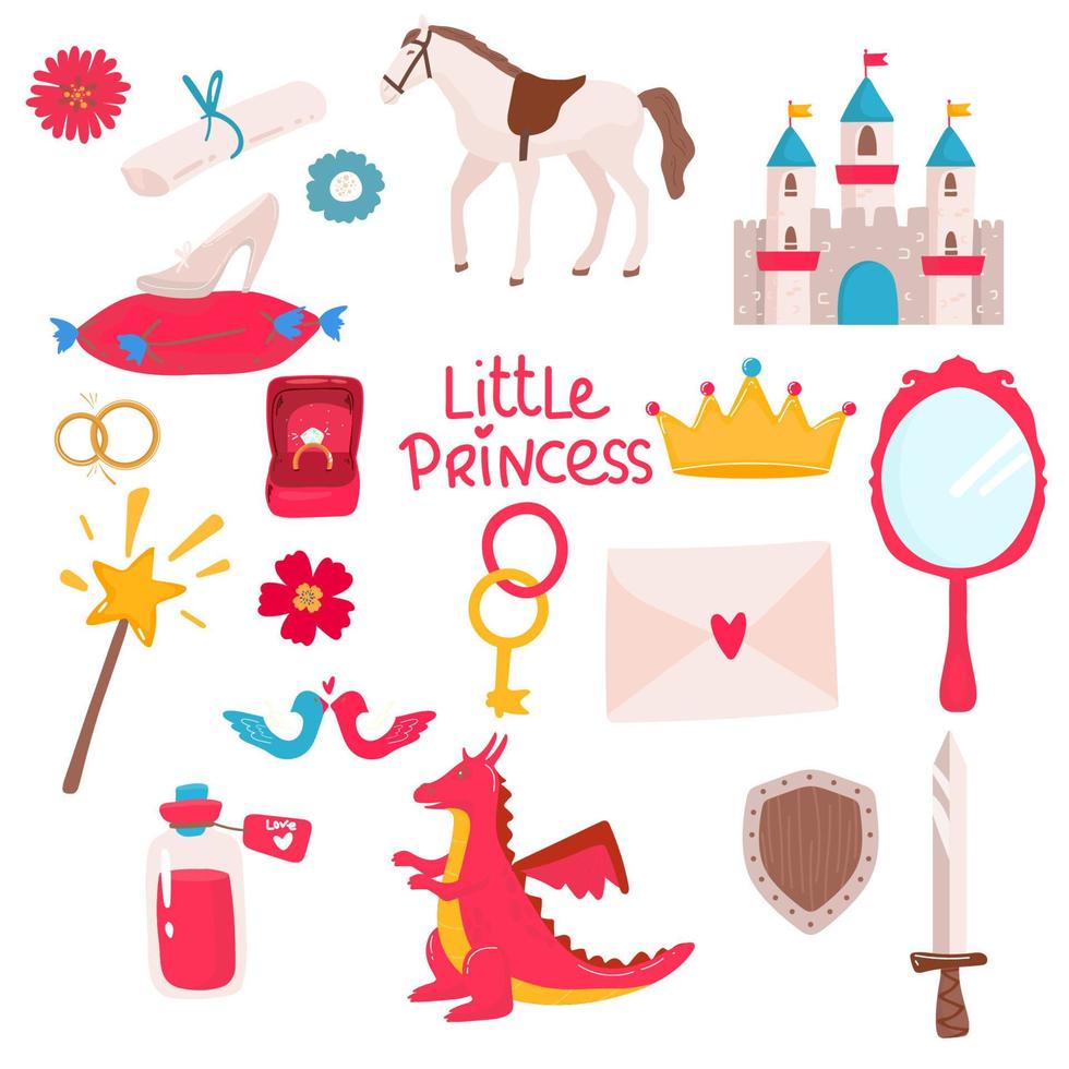 conjunto de unicornios de fantasía y otros artículos personajes de cuentos de hadas para niñas princesas vector
