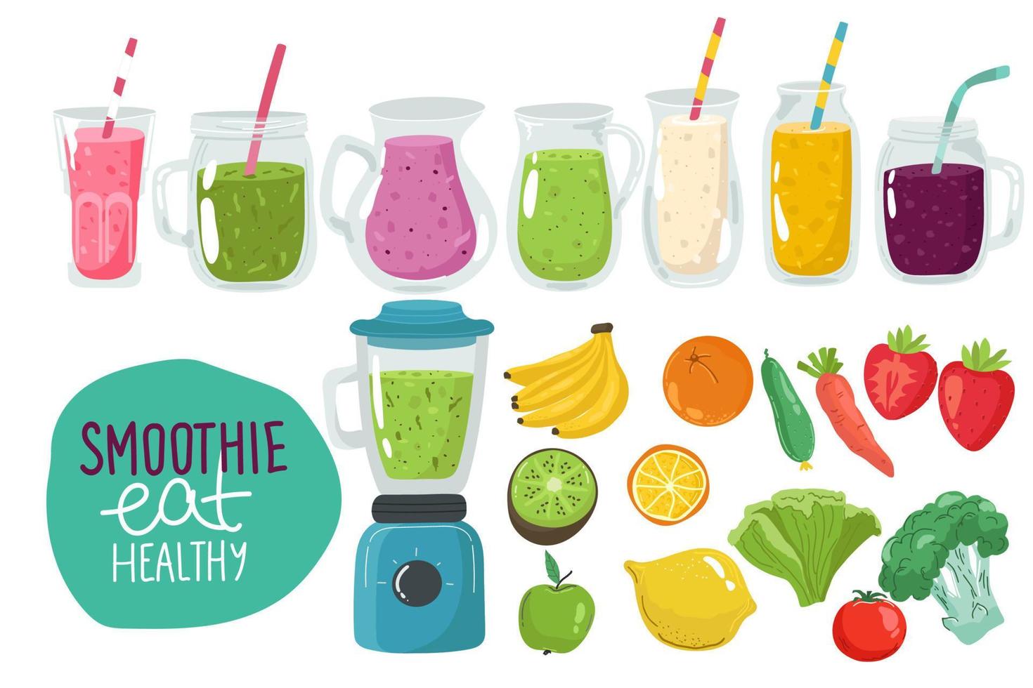 Drinks with fresh fruits, smoothie berries.Juices with pieces strawberry,blueberry and mango.Healthy detox. Set cold jars with tasty smoothies for hot season.Bright template for design. Vector