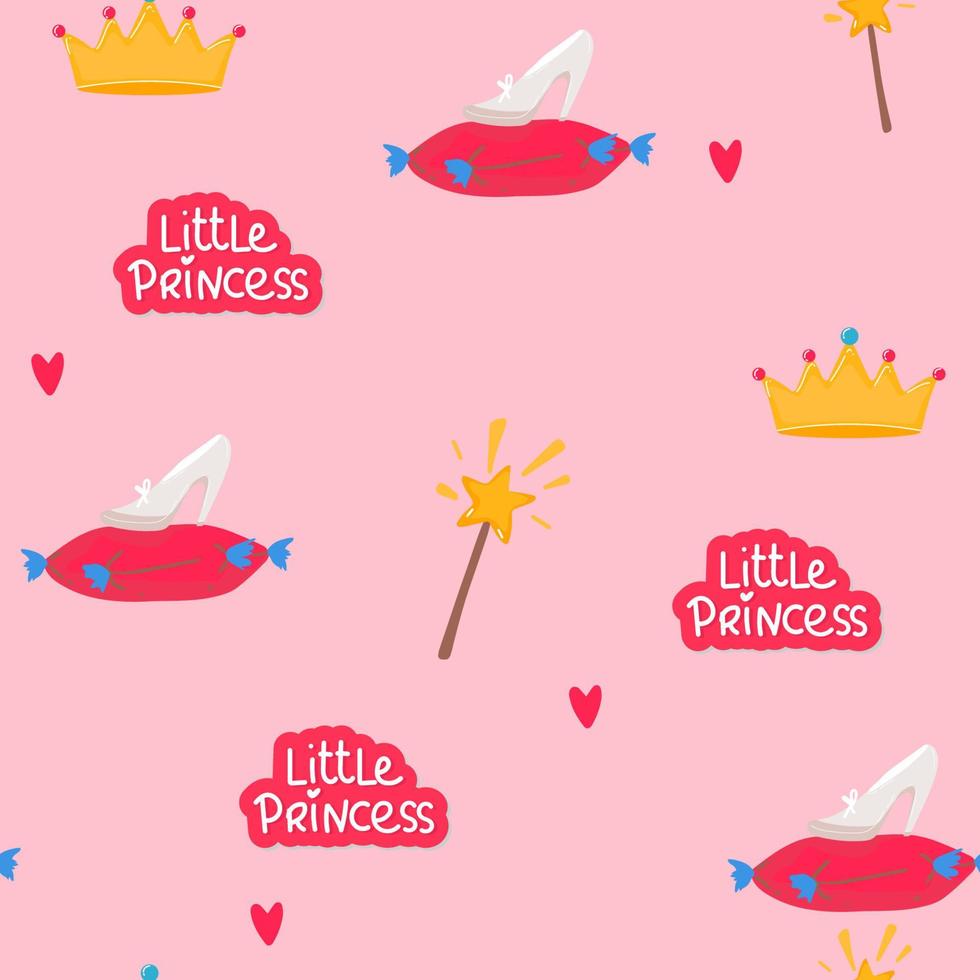 Little princess seamless pattern. Bright pink, cream colors. Illustration of crowns and little hearts. beautiful elegance Crystal glass slipper with diamonds or Ice clear clean shoe of cinderella vector