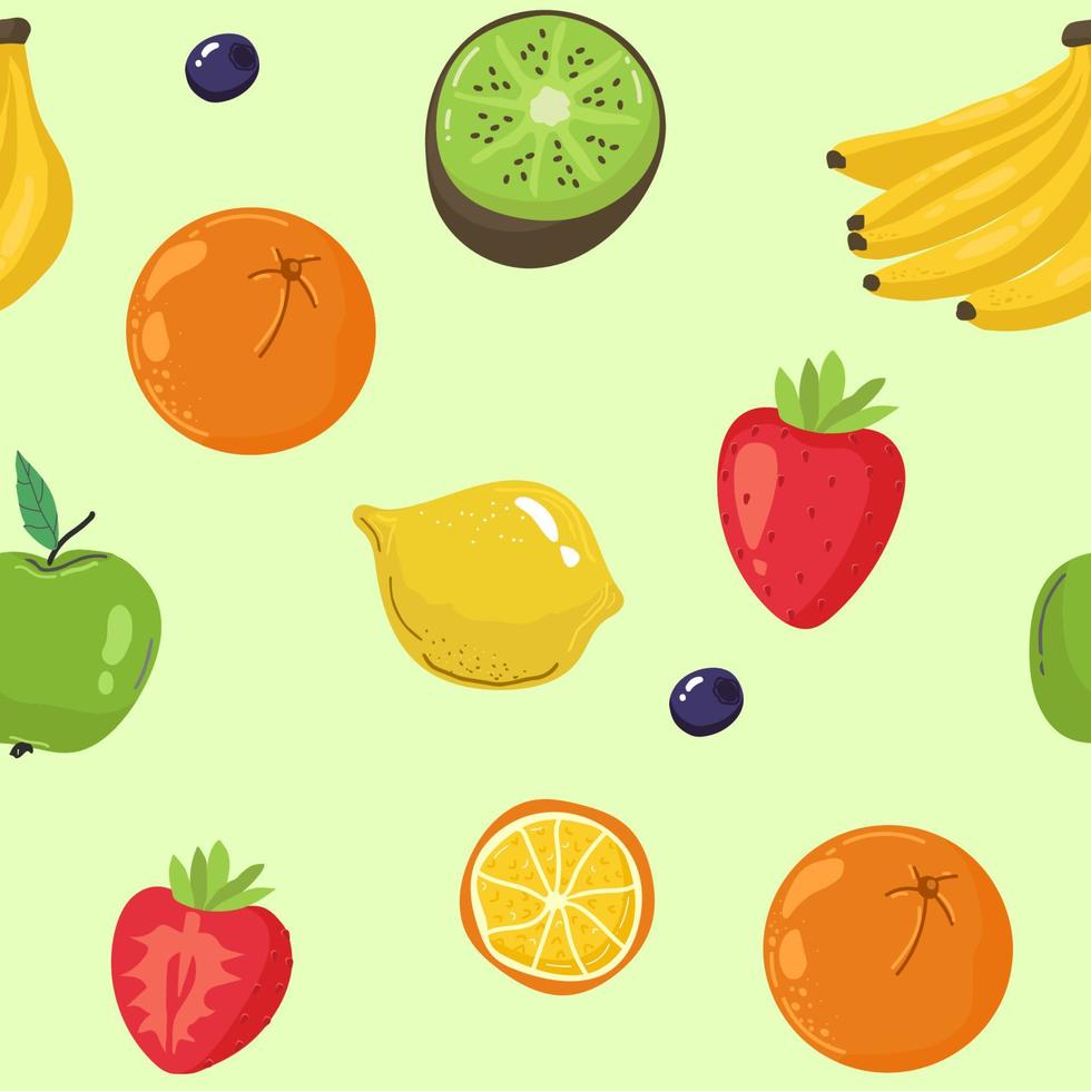 Seamless background with various tropical fruits on green. lemon, strawberry, kiwi, banana, orange, apple Vector fruit pattern.