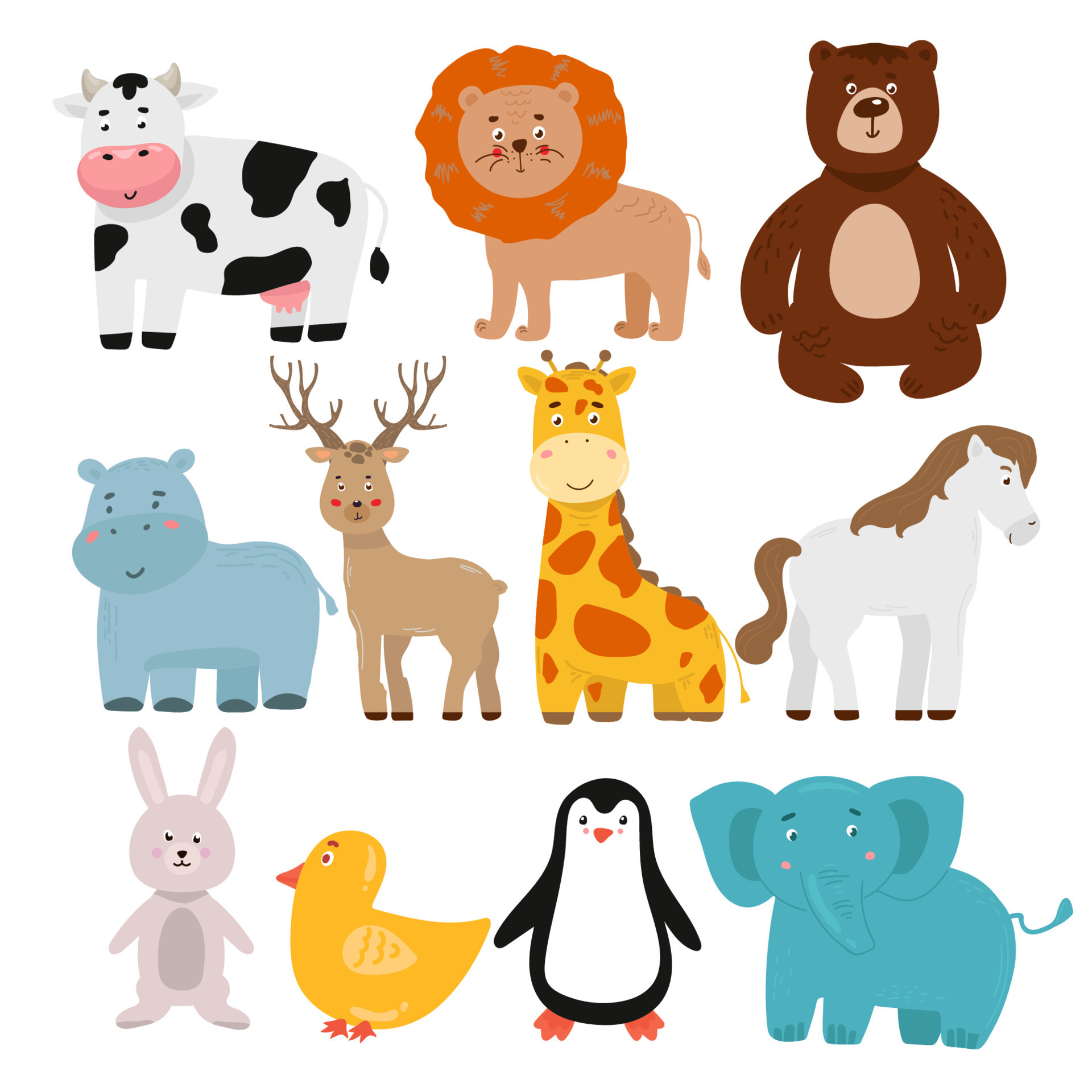 Set of Safari Animals Illustration cow lion bear hippo giraffe horse