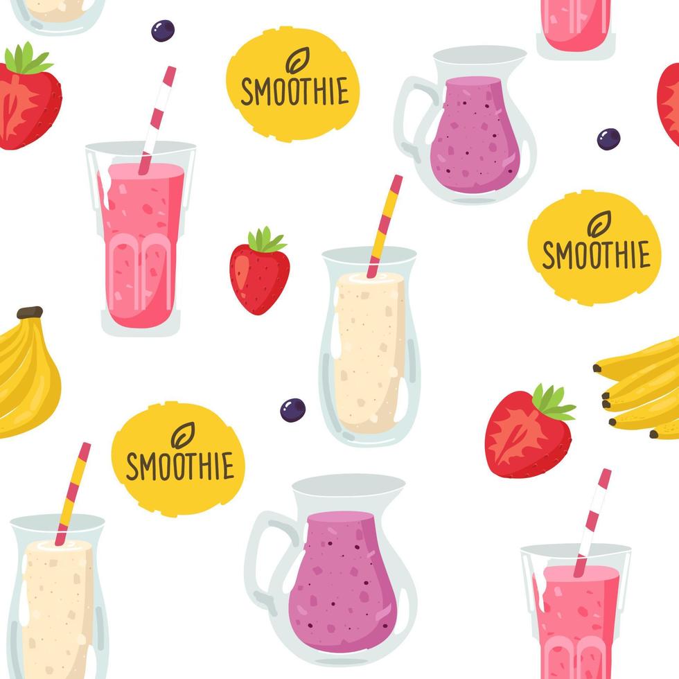 Refreshing summer seamless pattern with smoothie and lemonade. Strawberry and watermelon Vector background,