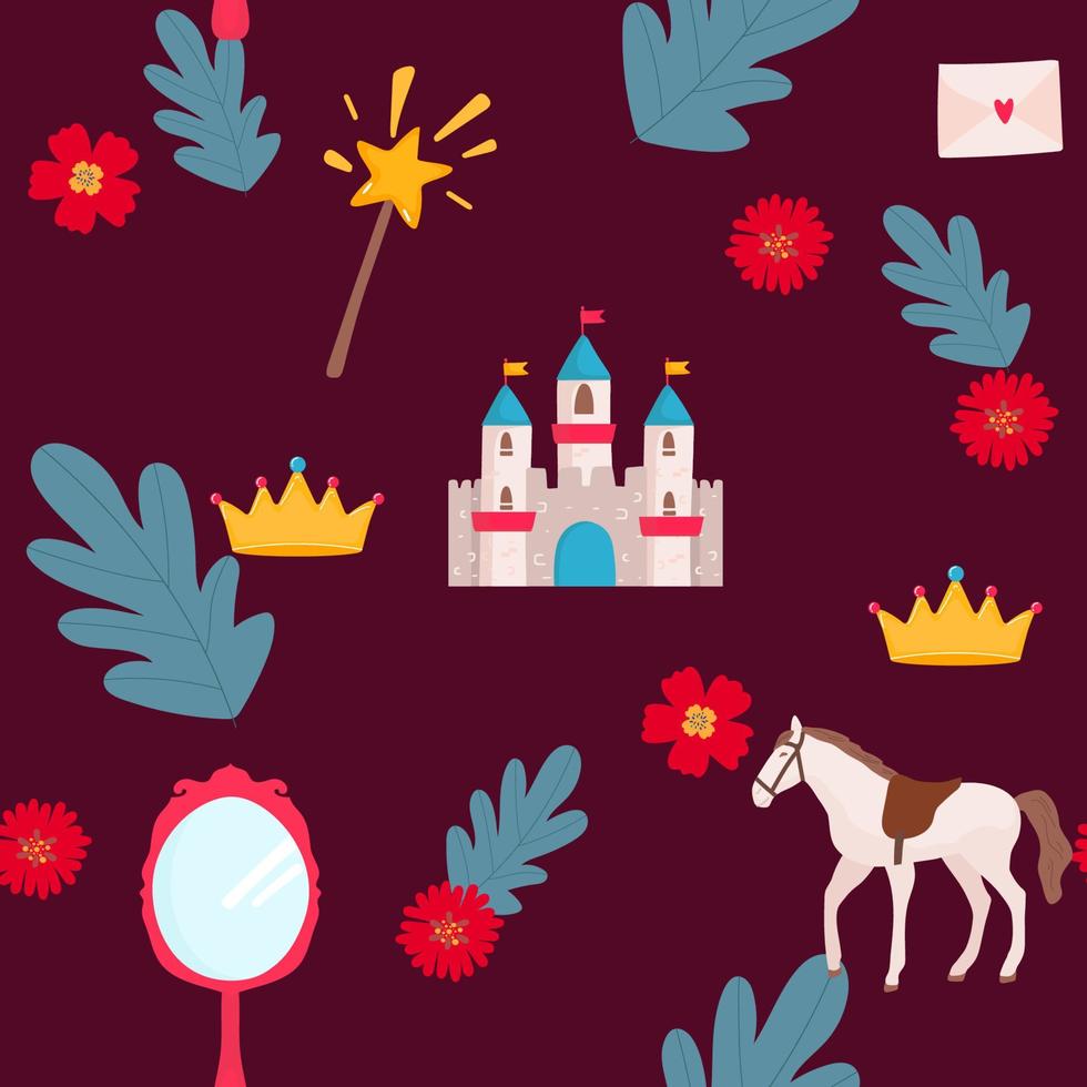 Princess crown. Kids vector seamless pattern. castle for princess fairy tale, horse, mirror,
