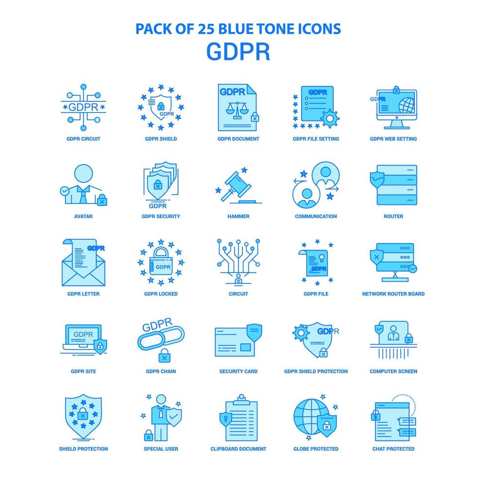 GDPR Blue Tone Icon Pack 25 Icon Sets vector