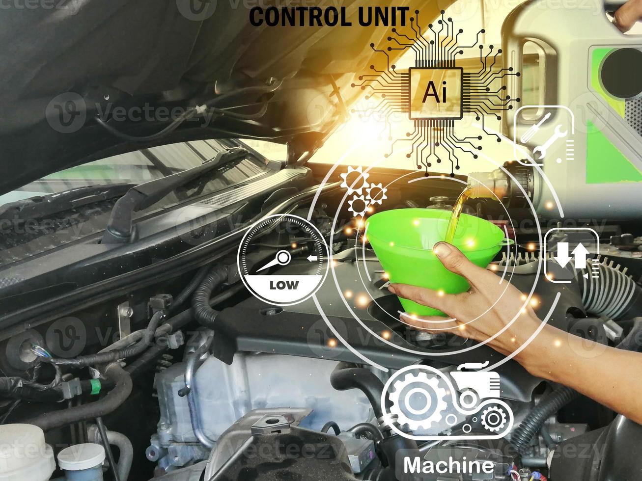 Concept The use of artificial intelligence to help in checking engine maintenance intervals, applications help to check. photo