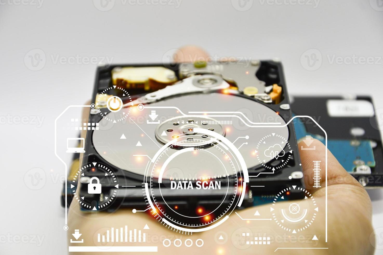 Hard drive is an important storage device, concept of data protection with security. photo