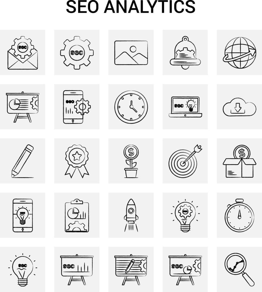 25 Hand Drawn SEO Analytics icon set Gray Background Vector Doodle